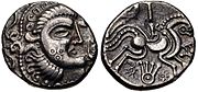 Gaul, Armorica coin showing stylized head and horse (Jersey moon head style, c. 100–50 BC)