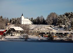 View of the local church in Hægeland