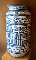 Blue-and-white faience albarello with Pseudo-Kufic designs, Tuscany, 2nd half of 15th century.