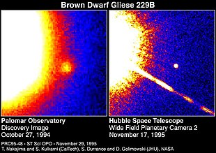 links: Entdeckung von GJ 229 B am Palomar-Observatorium rechts: Aufnahme des Hubble Space Telescope (NASA)