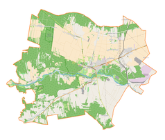 Mapa konturowa gminy Działoszyn, u góry znajduje się punkt z opisem „Szczyty”