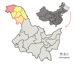 Location of Mohe City jurisdiction (pink) in Daxing'anling Prefecture (yellow) and Heilongjiang