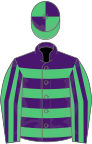 Purple, emerald green hoops, emerald green and purple striped sleeves, quartered cap