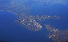 Preveza from the air. The cape of Actium and the airport can be seen in the lower right.