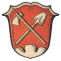 Gemeinde Oberreute In Rot über einem silbernen Dreiberg schräg gekreuzt ein silbernes Rodungsbeil und ein silberner Spaten mit goldenen Stielen.