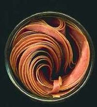 Slices of reddish-brown meat rolled up in a dark round jar, as seen from above