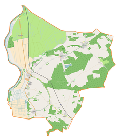 Mapa konturowa gminy Górzyca, w centrum znajduje się punkt z opisem „Kościół Najświętszego Serca Jezusowego w Żabicach”