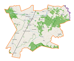 Mapa konturowa gminy Ruda-Huta, u góry po prawej znajduje się punkt z opisem „Hniszów”