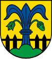 Blaue Lilie, am Bund rechts mit grüner Buchel, links mit grüner Eichel besteckt Wappen von Alfdorf