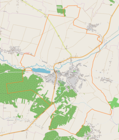 Mapa konturowa Koprzywnicy, w centrum znajduje się punkt z opisem „Kościół św. Floriana w Koprzywnicy”