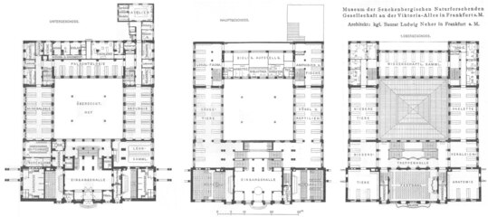 Floor plans of the basement, ground floor and first floor of the Senckenberg Museum at the time of construction, published 1908