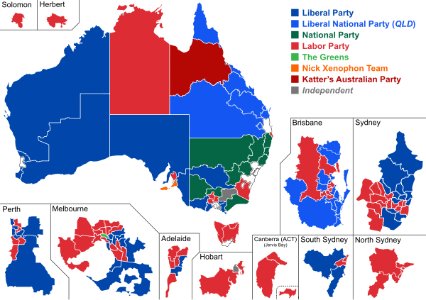 Mehrheiten in den Wahlkreisen (Repräsentantenhaus): ﻿Liberals, ﻿Nationals, ﻿Labor, ﻿Unabhängige und andere Parteien, ﻿Australian Greens