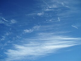 Cirrus floccus (linksboven) + cirrus fibratus (achtergrond)