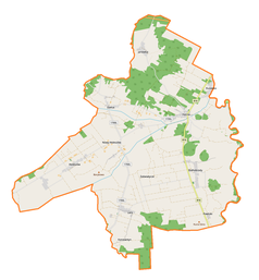 Mapa konturowa gminy Hanna, po prawej znajduje się punkt z opisem „Kościół św. Ap.Piotra i Pawław Hannie”