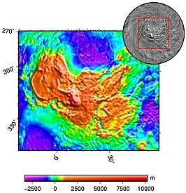 Ishtar Terra, in het noorden begrensd door Snegurochka Planitia, zichtbaar in marineblauw en paars