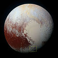Global enhanced-color view of Pluto, with Wright Mons location indicated at bottom