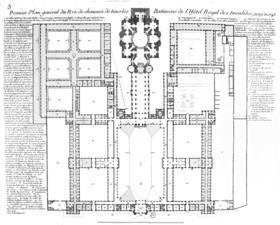 plan of the Les Invalides, with dome and church at top center