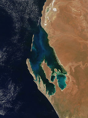 Shark Bay mit Marinepark, rechts unten der Hamelin Pool und darunter der Henri Freycinet Harbour, eine Bucht