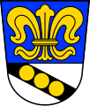 Gemeinde Waltenhausen Über silbernem Schildfuß, darin ein mit drei goldenen Kugeln belegter schwarzer Schrägbalken, in Blau eine goldene heraldische Lilie.