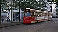 Extra op lijn 1 wegens mooi strandweer, Kalvermarkt, augustus 2012. Opvallend zijn de aanduiding 'KURHAUS'; het gebruik van de achterste stroomafnemer en de botsneus in combinatie met het oude kleurenschema.