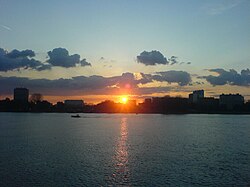 Linkeroever at sunset, seen from Antwerp across the river Scheldt