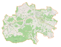 Mapa konturowa powiatu limanowskiego, u góry po prawej znajduje się punkt z opisem „Cmentarz wojenny nr 357Kamionka Mała”