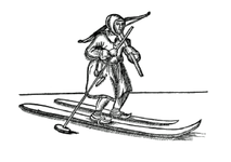 Sami hunter using asymmetrical skis and single pole.