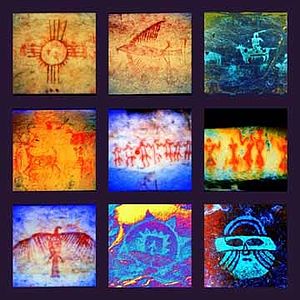 Collage of Native American pictographs located in Terrell County (Meyer Springs), El Paso County (Hueco Tanks) and Concho County (Paint Rock) Texas.