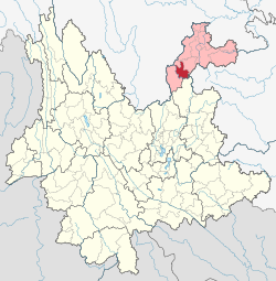 Location of Ludian County (red) and Zhaotong City (pink) within Yunnan province