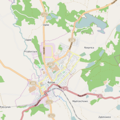 Mapa konturowa Bytowa, na dole nieco na lewo znajduje się punkt z opisem „Bytów”