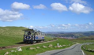 Tramway car nearing the summit of the Great Orme