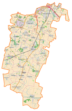 Mapa konturowa gminy Kobierzyce, u góry znajduje się punkt z opisem „Kościół Wniebowzięcia Najświętszej Maryi Panny”