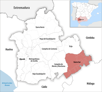 Die Lage der Comarca Sierra Sur in der Provinz Sevilla