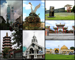 Clockwise from top right: Wong Nai Siong Memorial Garden, Jade Dragon Temple, An-Nur Mosque, Masland Methodist church, Tua Pek Kong Temple, Wisma Sanyan, and swan statue.