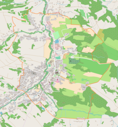 Mapa konturowa Błażowej, w centrum znajduje się punkt z opisem „Parafia św. Marcina w Błażowej”