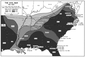 A map of the U.S. South showing shrinking territory under rebel control