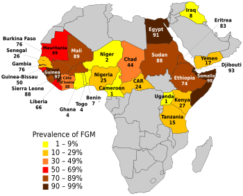 Percentage of women aged 15–49 who are living with FGM in the 29 countries in which it is concentrated (click here for a more detailed map of Africa).[64]