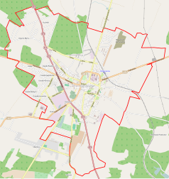 Mapa konturowa Ostrzeszowa, w centrum znajduje się punkt z opisem „Kościół Chrystusa Króla w Ostrzeszowie”