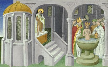 Drawing of an crowned man emerging from a font in a large building, while a crowd of robed men stands around