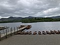 Some canoes and a dock at the edge of Derwent Water