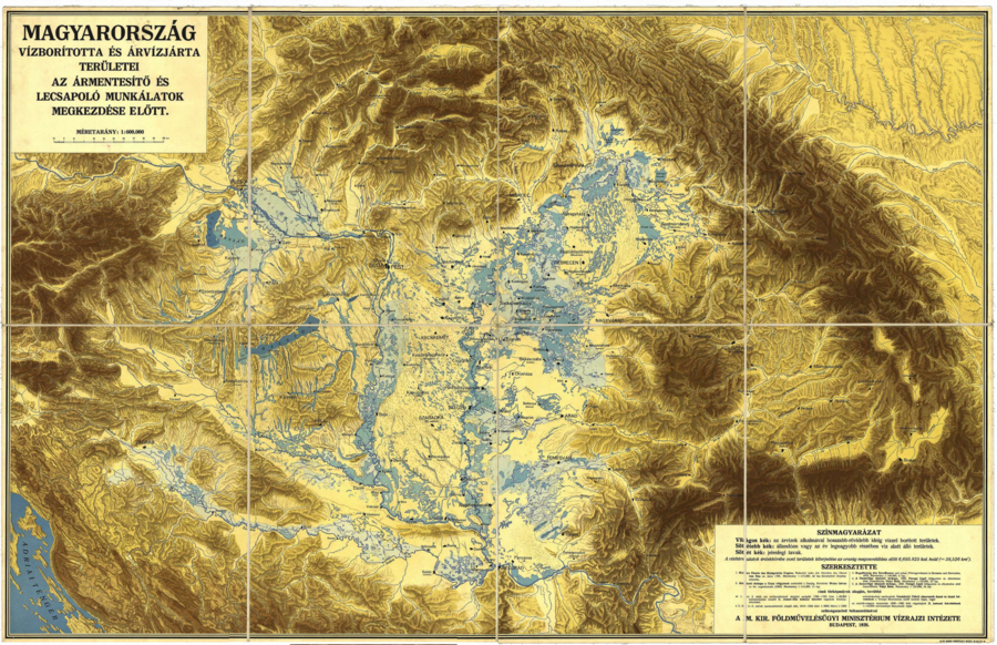 A Kárpát-medence vízborította és árvízjárta területei az ármentesítő és lecsapoló munkálatok megkezdése előtt (1938-as térkép)