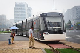 A Nanjing Hexi tram leaving Yuantong Station