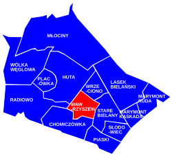 Location of the City Information System area of Wawrzyszew within the district of Bielany.