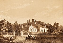 A pencil-and-watercolor drawing of a small village. Several two-story buildings sit around a crossroad junction.