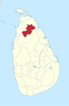 Area map of Vavuniya District, located in the middle of the northern half of the country, running roughly in a south west—north east direction, in the Northern Province of Sri Lanka