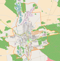 Mapa konturowa Sulęcina, w centrum znajduje się punkt z opisem „Parafia św. Henryka w Sulęcinie”