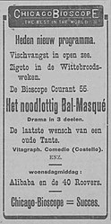 Voorbeeld van een voorstelling in het theater, zoals geadverteerd in de Provinciale Geldersche en Nijmeegsche Courant.