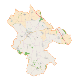 Mapa konturowa gminy Wiązów, blisko centrum na lewo znajduje się punkt z opisem „Wiązów”