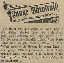 Der Titel Junge Bürokraft übernimmt auch andere Arbeit von Lili Grün ist in einem Rechteck, wie ein Stempel, erfasst und wird von oben rechts nach oben links von unendlichen Rechtecken im Dominoeffekt gefolgt. Darunter ist der erste Abschnitt des Romans in der alten Schrift Tannenberg abgedruckt.