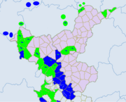 Ethnic townships in Bijie. Light green - Yi. Blue - Miao. Dark green - Bouyei